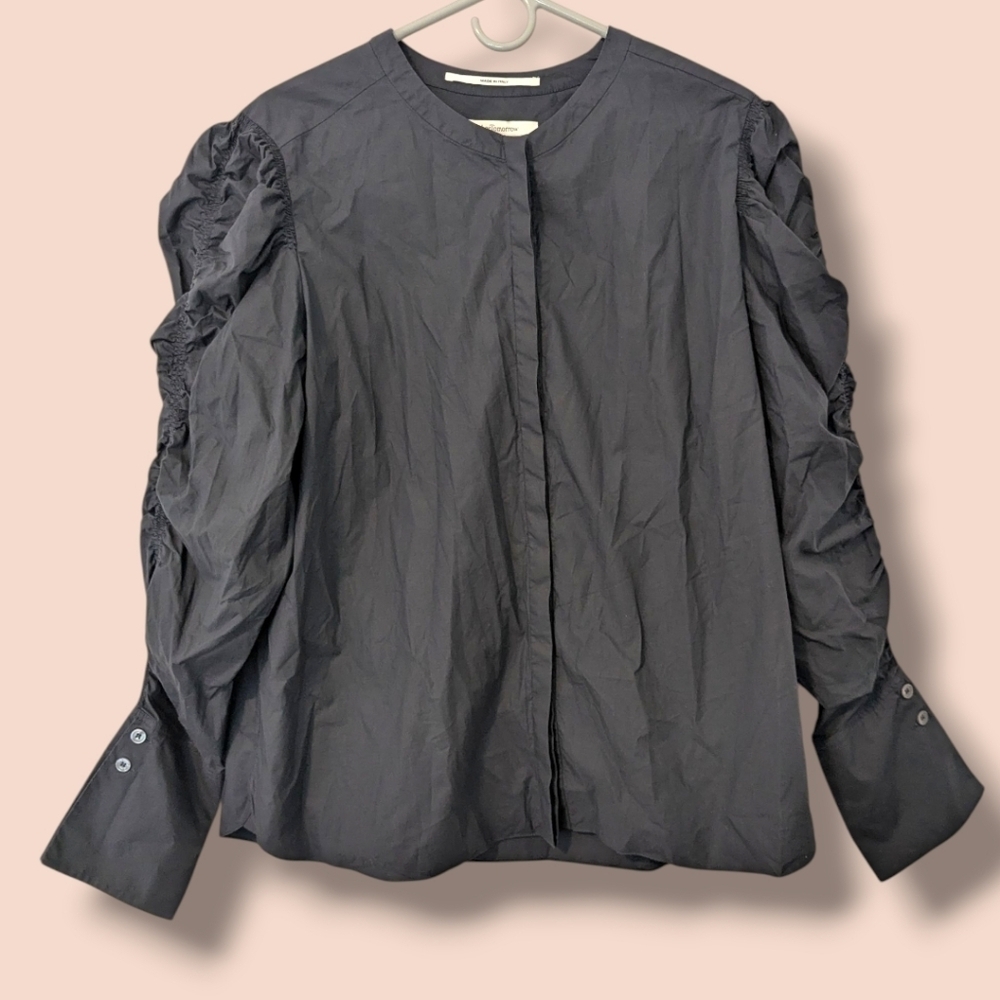 Another Tomorrow Navy Blue Poplin Cotton Shirred Puff Sleeve Button-Up Blouse XL - Picture 2 of 12